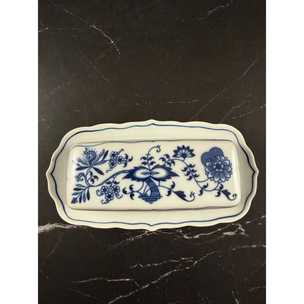 VTG Blue Danube Blue Onion Lidded Covered Butter Dish MINT! Rectangle Stamp